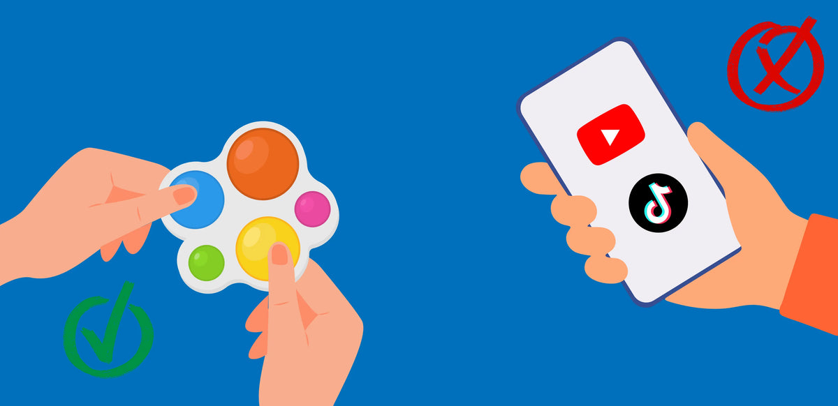 Illustration showing hands playing with a colourful fidget toy with a green tick, contrasted with a hand holding a smartphone displaying social media apps with a red cross, representing screen-free play over screen time.