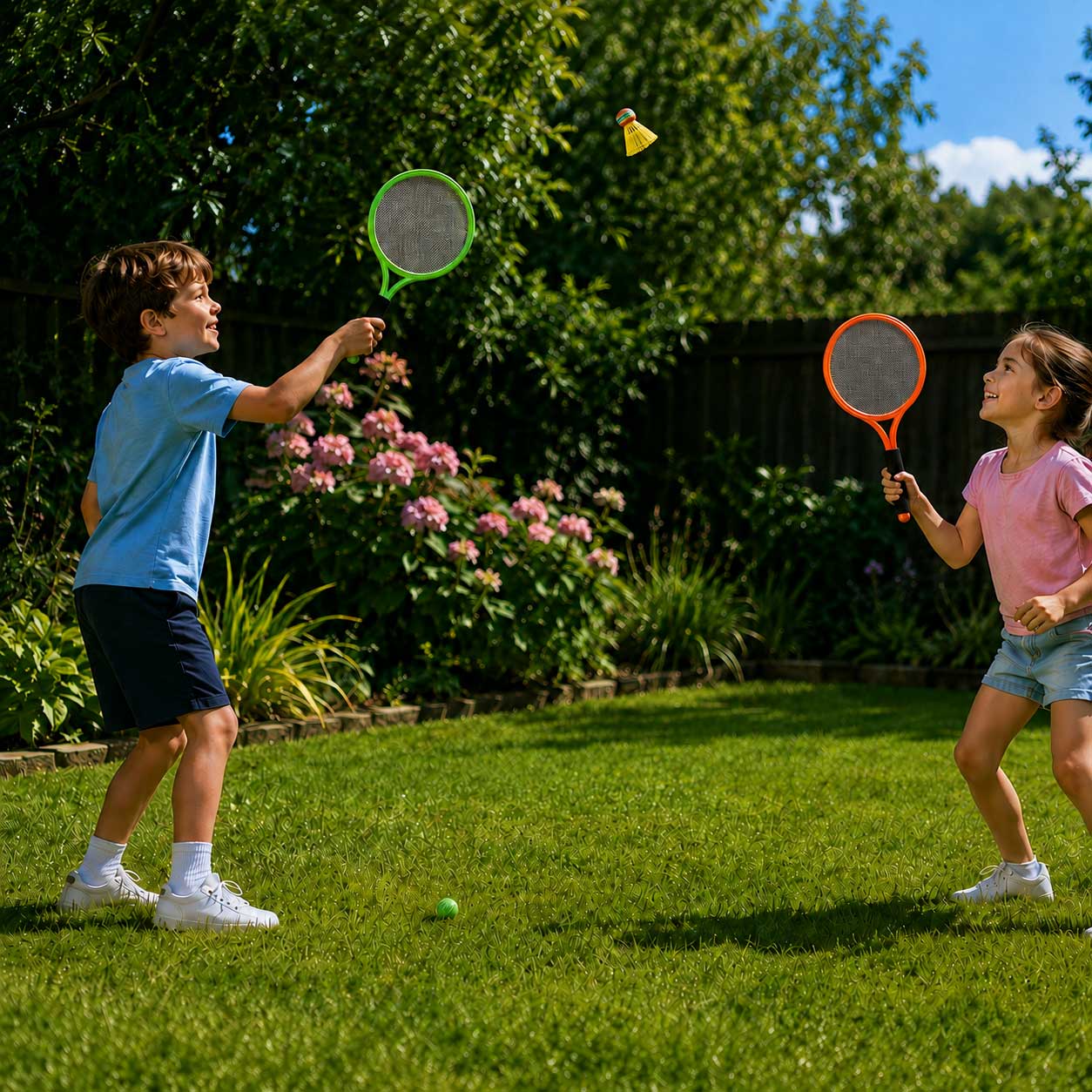 Children playing outdoors with a colourful kids’ racquet set, featuring green and orange circular racquets and a yellow shuttlecock in a sunny garden.