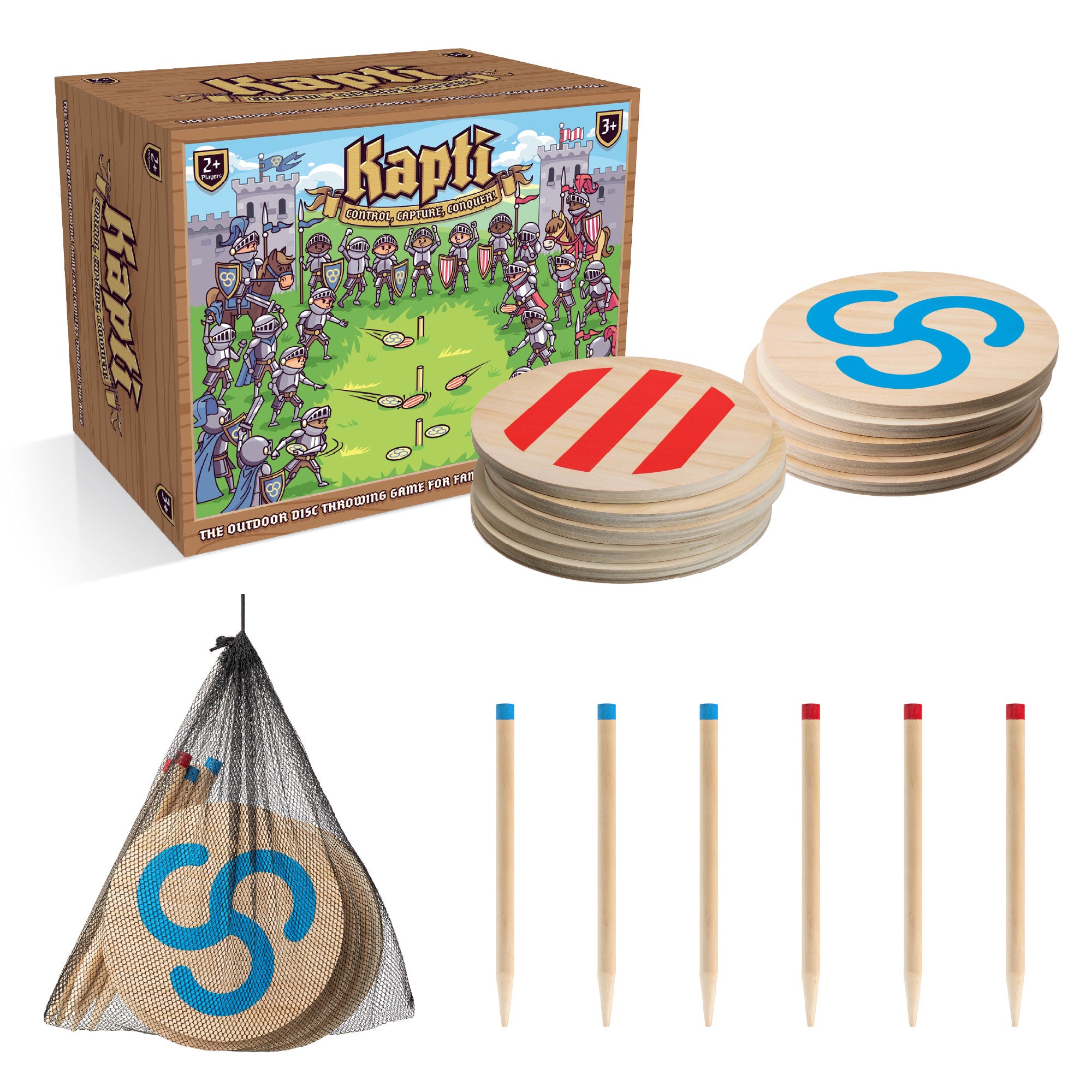 Kapti game set with packaging, wooden discs, sticks, and carrying bag
