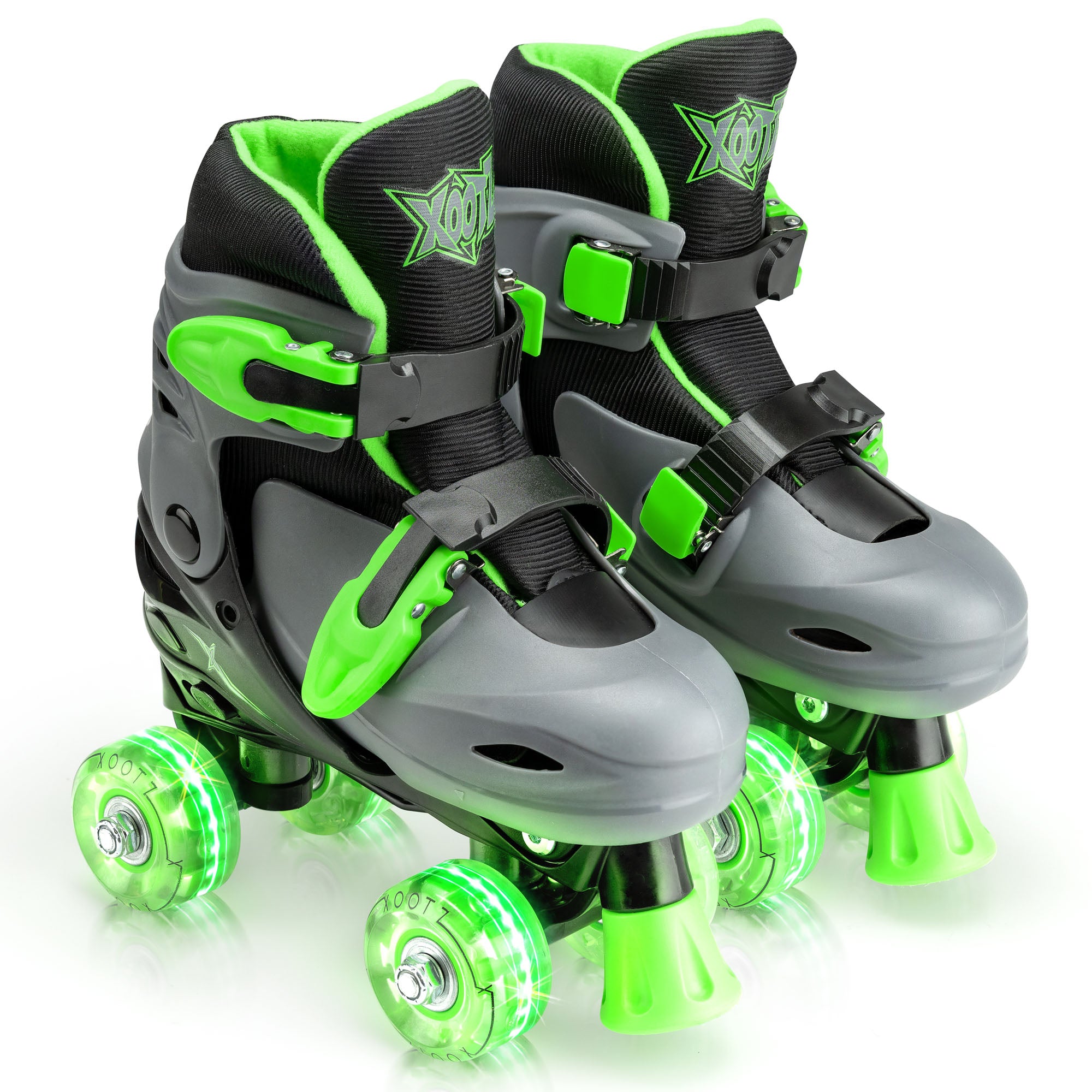 Pair of black and gray roller skates with green accents and glowing wheels