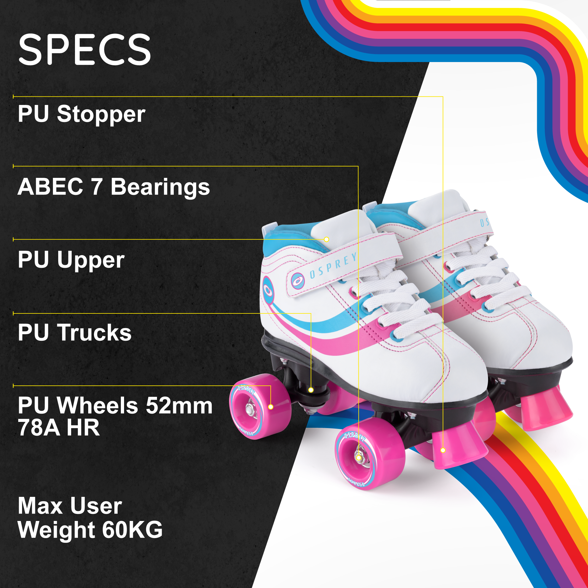 Kids Adjustable Quad Roller Skates - White