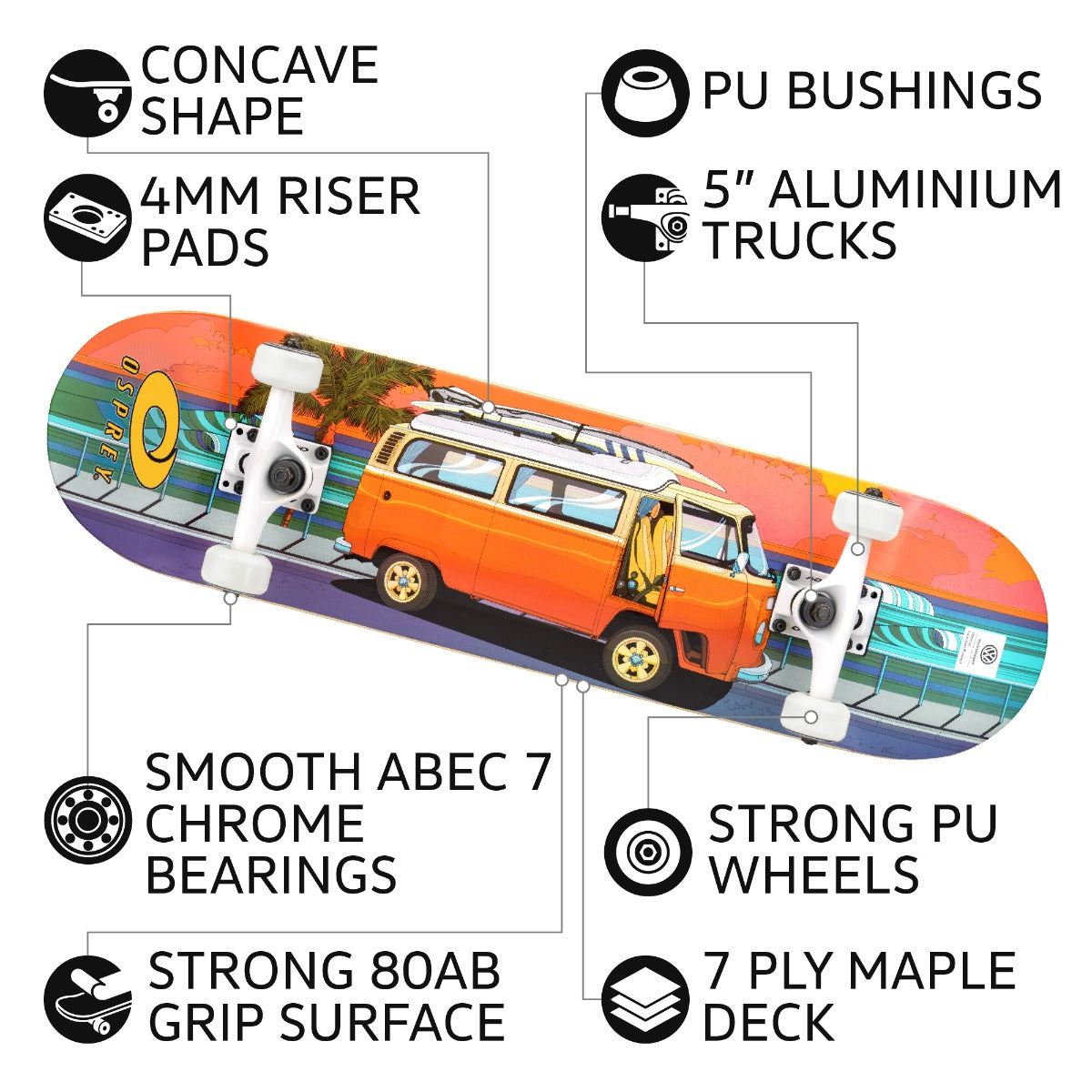 8" x 31" Complete Double Kick Skateboard - VW Sunset