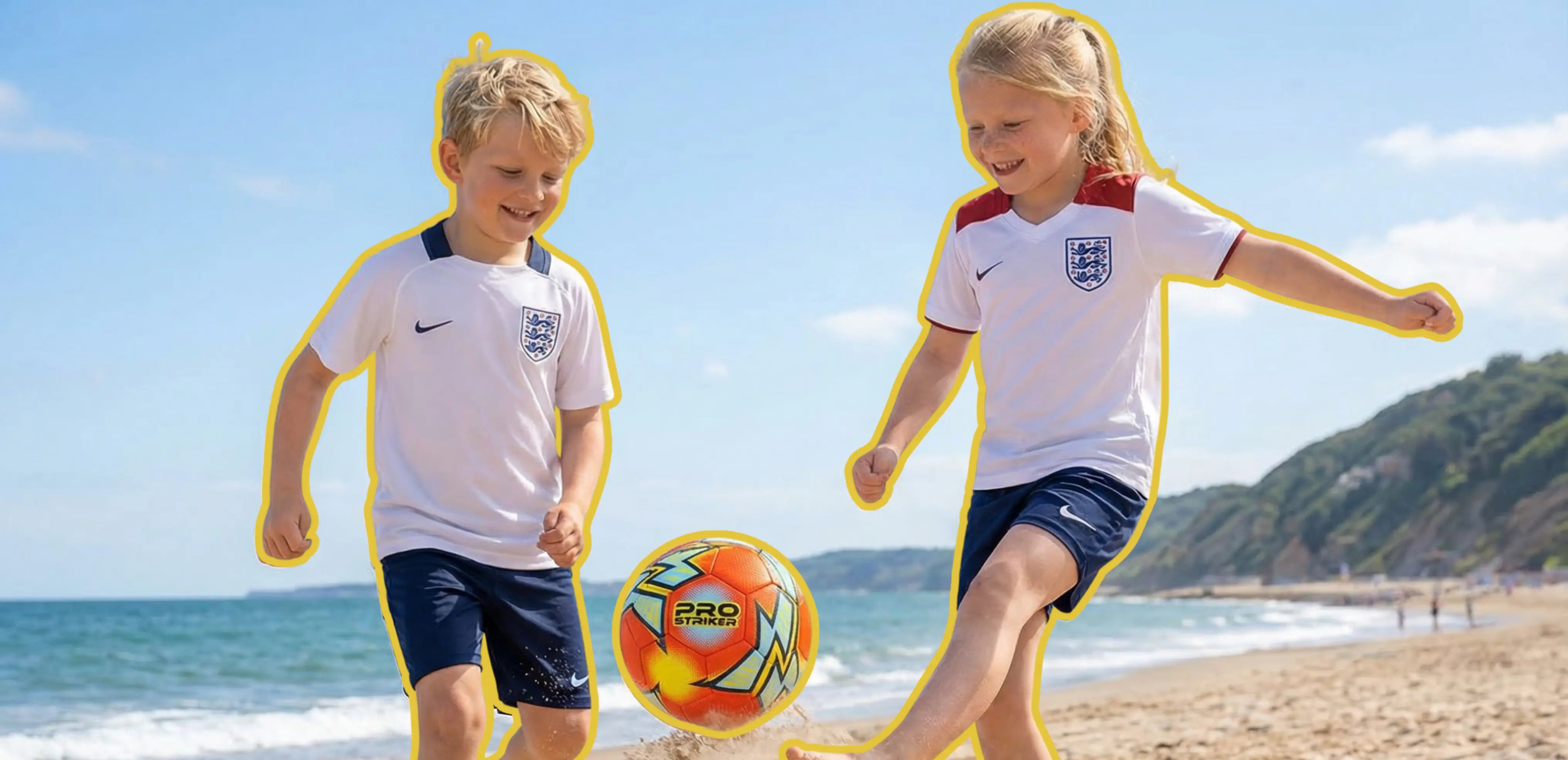 Kids playing football on the beach during summer outdoor play, staying active and enjoying time outside