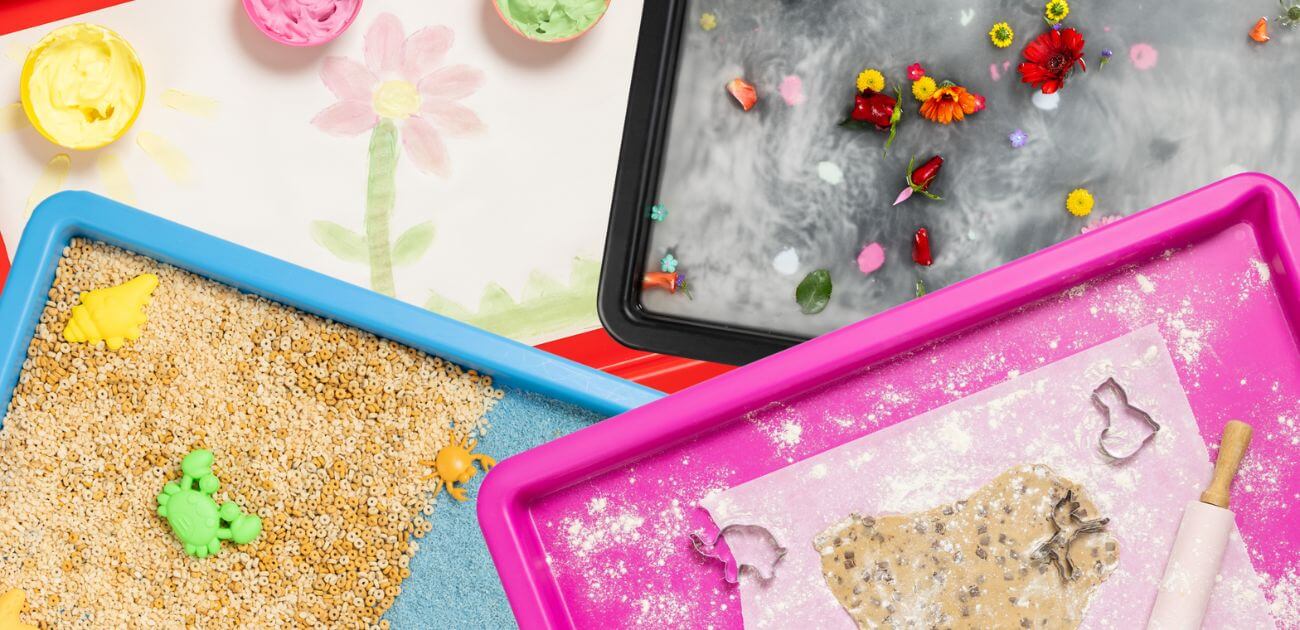 Variety of colourful sensory play tray ideas designed to inspire kids’ creativity.