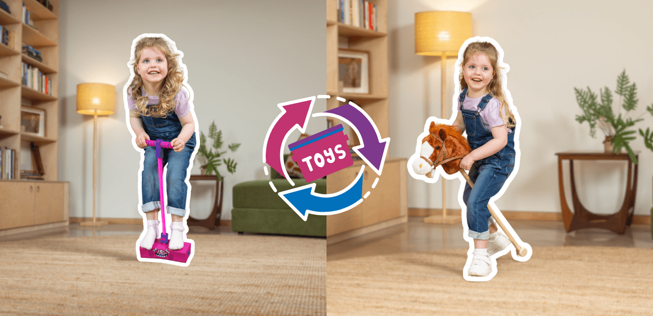 Girl playing on a pink Jump 'N' Bounce Squishy Bungee Hopper, showing toy rotation concept with hobby horse and rotating toy icons, illustrating why less is more for kids’ play and development.