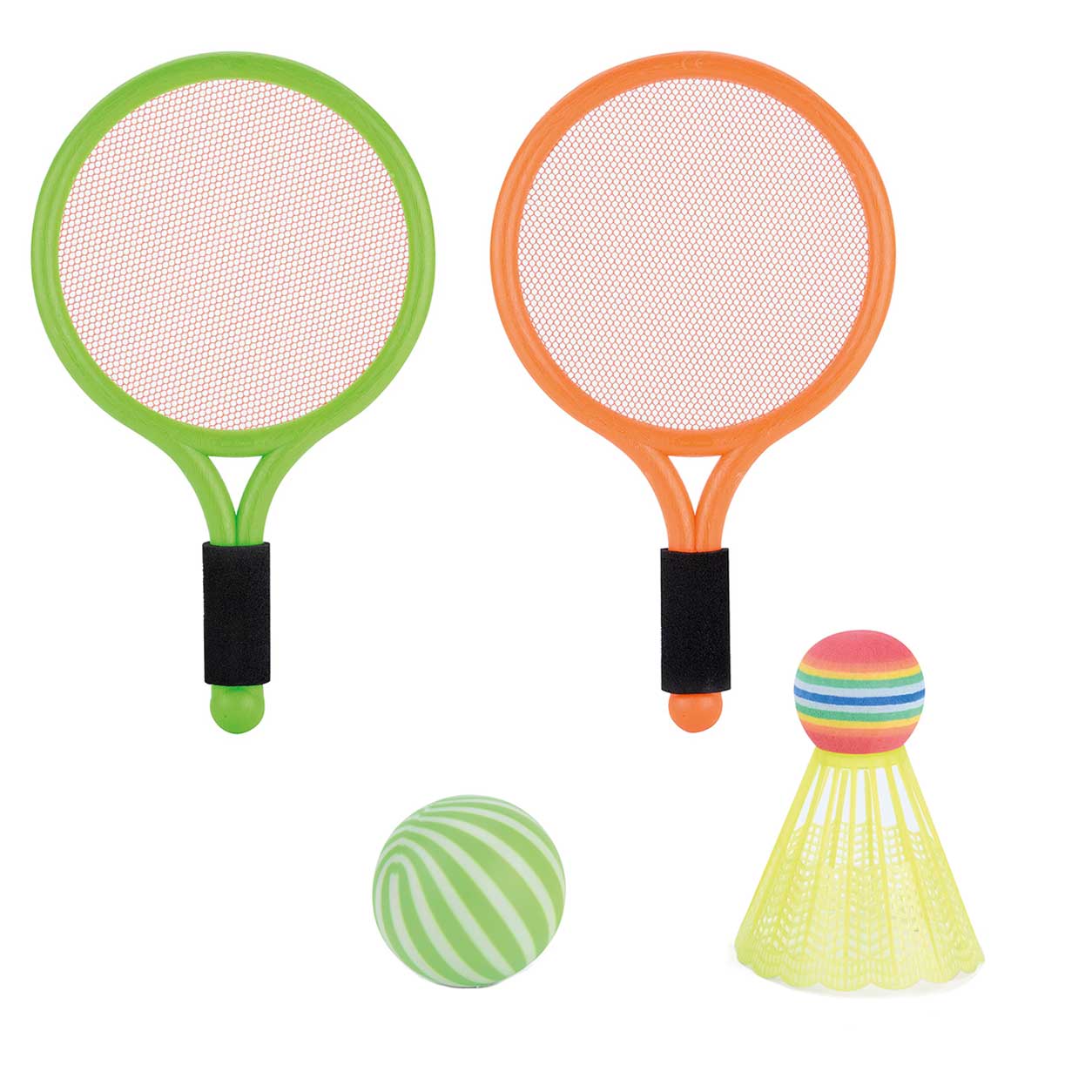 A children's paddle ball game set featuring two mini paddles (one green, one orange), a striped ball, and a yellow shuttlecock on a white background.