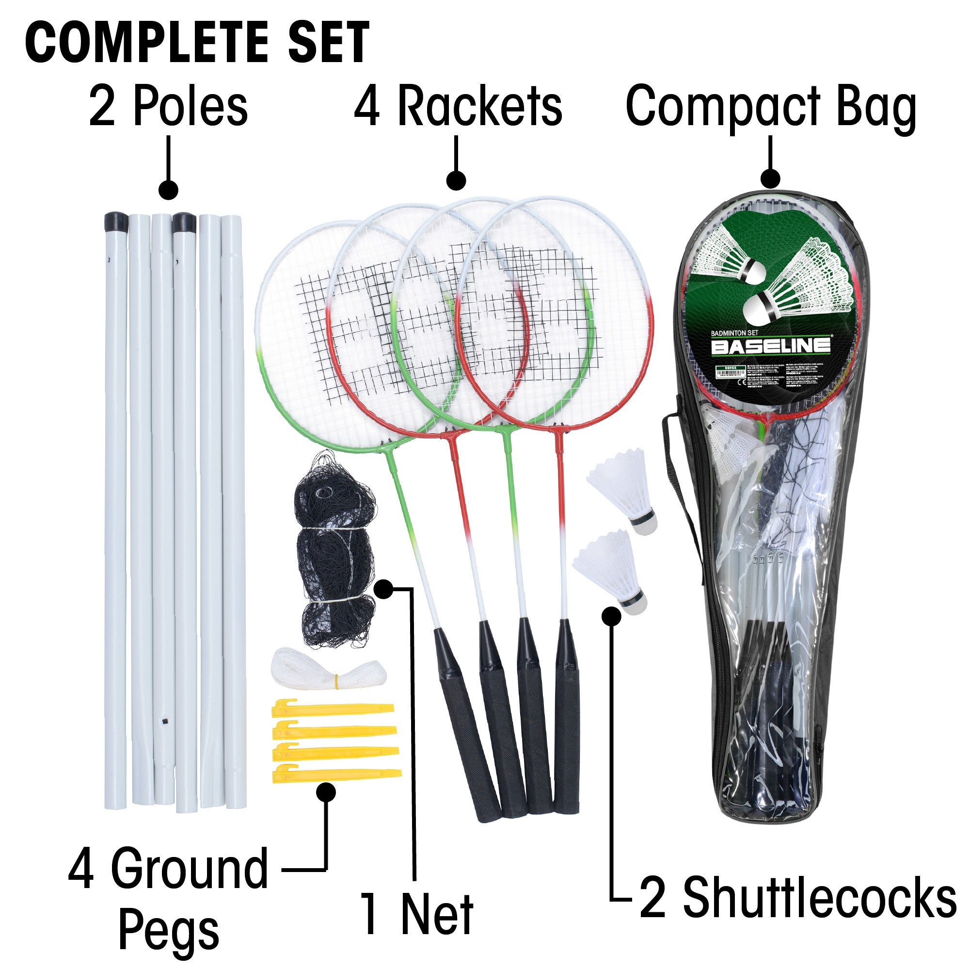 Badminton set with poles, rackets, net, ground pegs, shuttlecocks, and a compact bag.