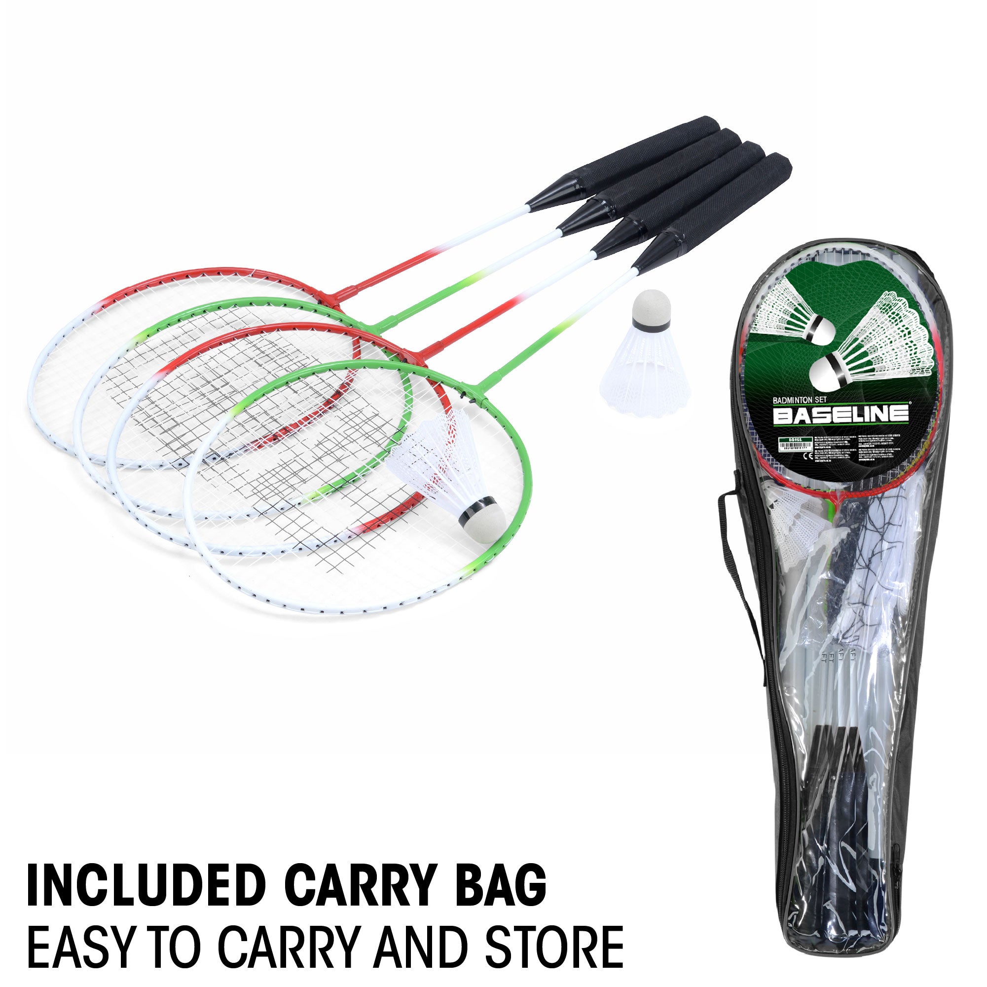 Badminton racket set with rackets, shuttlecocks, and a carrying case on a white background.