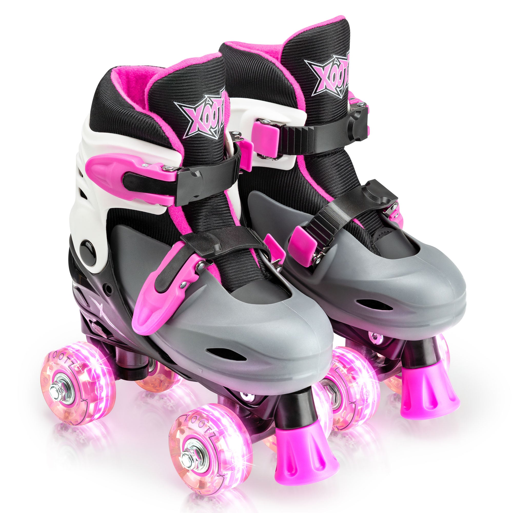 Pair of pink and gray roller skates with light-up wheels 
