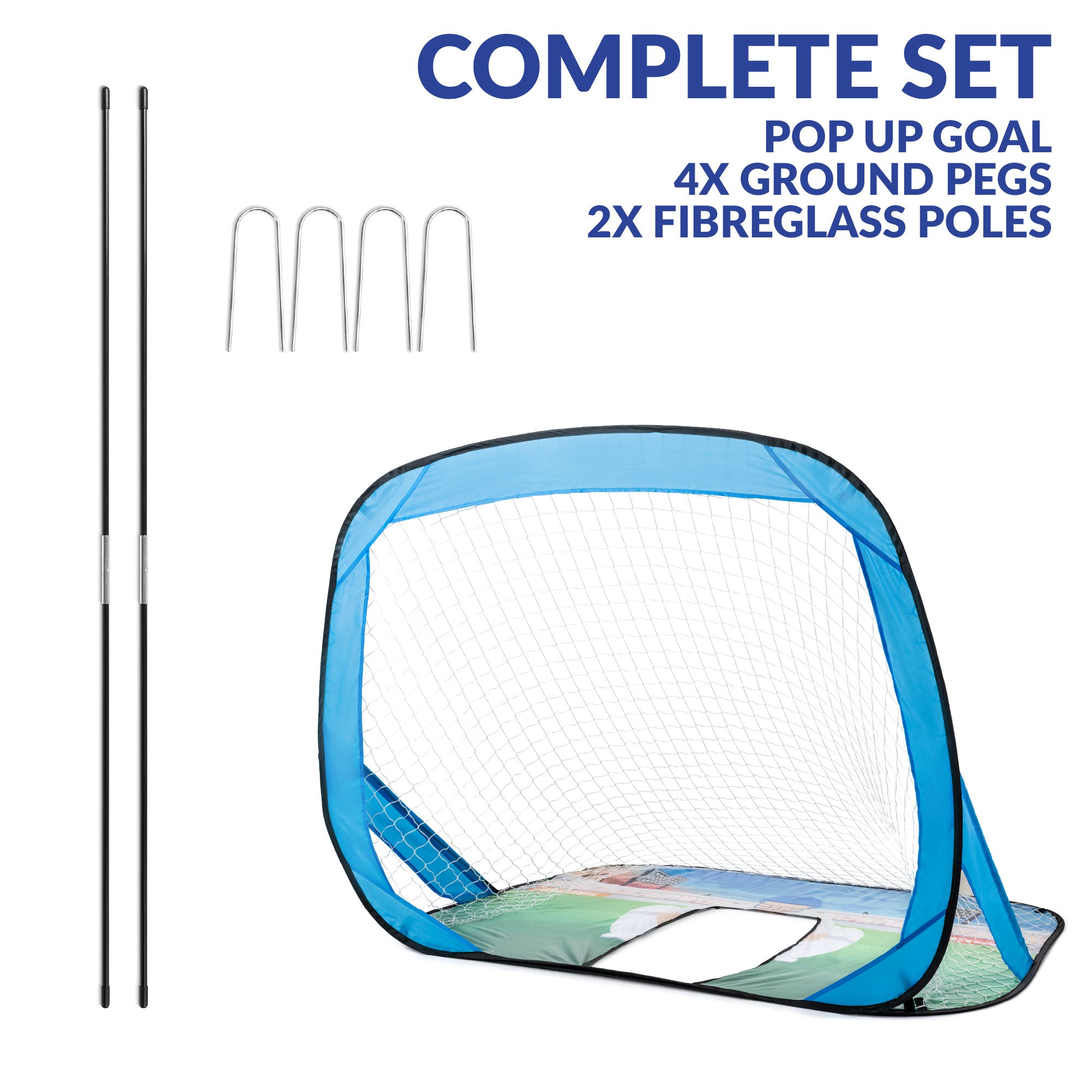 Pop-up goal with ground pegs and fiberglass poles