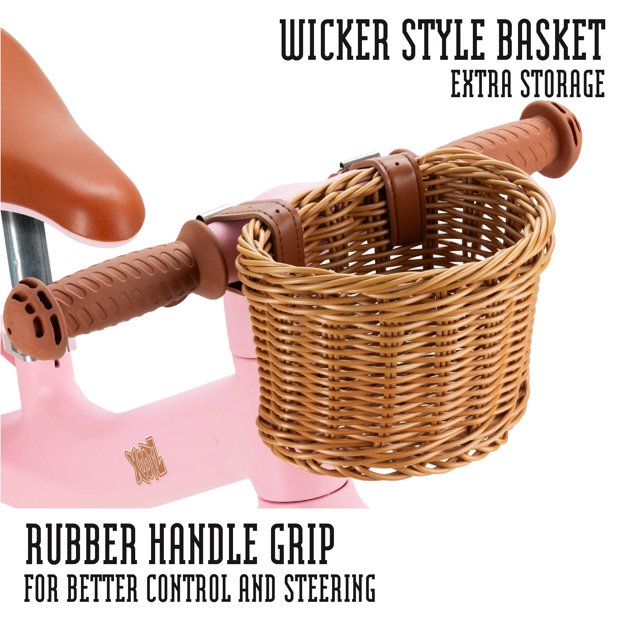 Wicker style basket with rubber handle grip on a pink bicycle for kids